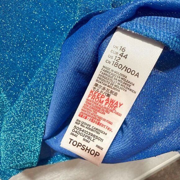 NWT TOPSHOP BLUE METALLIC GLITTER FUNNEL NECK TOP Women’s US 12 LONG SLEEVE - Picture 5 of 10